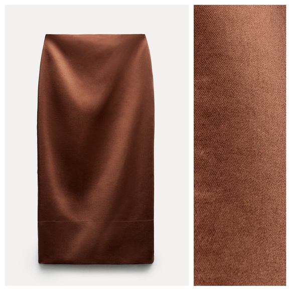 NWT. Zara Brown ZW Collection Satin Effect Midi Skirt. Size M. - Picture 6 of 11